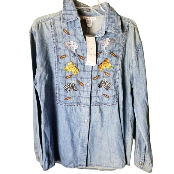 Sara Studio Womens Denim Top S Safari Zoo Animals Vintage Long Sleeve NWT Cotton - Picture 1 of 8